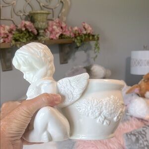 White Ceramic Planter Pot Angel snuggling Bunny